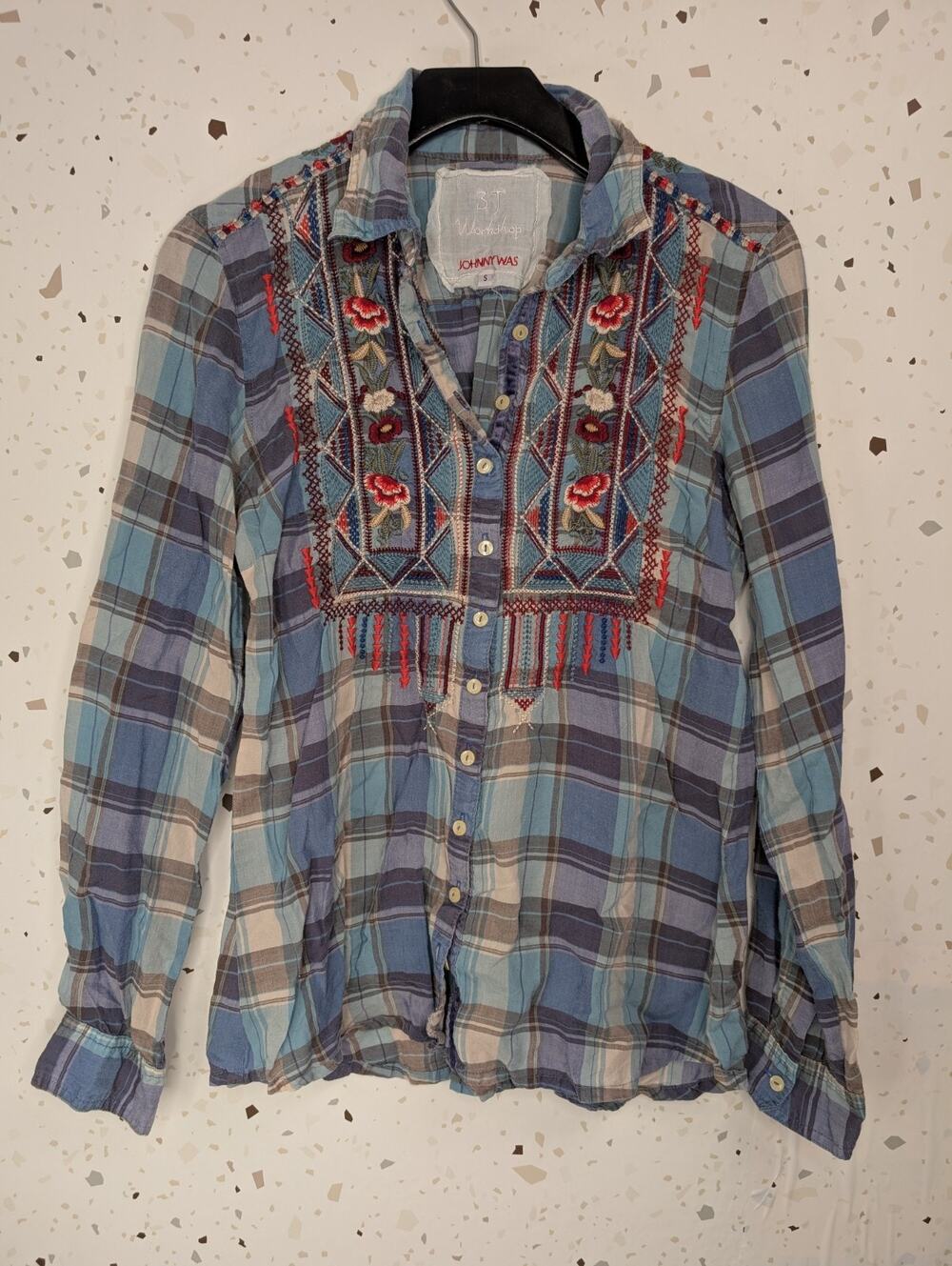 Johnny Was 3J Workshop Embroidered Plaid Floral Boho Blouse Top Size Small